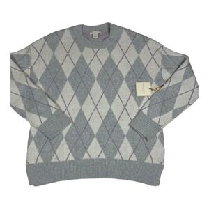 Christian Siriano Argyle Knit Sweater – Women’s L, Grey + Purple Diamonds – Desi
